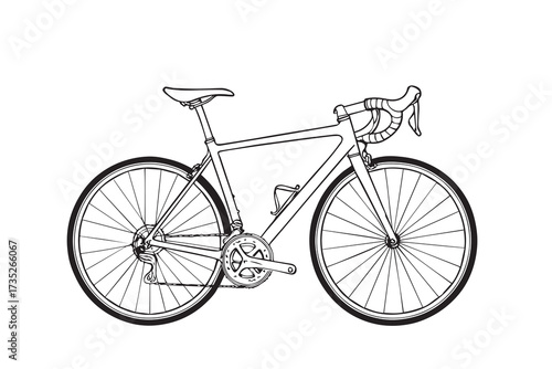 Vector artwork of a road bike, designed in monochrome black and white style, outlined strongly in black, perfect for modern sporty graphic decoration.