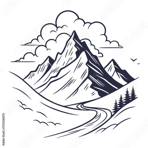 Vector art of a captivating illustration depicts a winding road leading to majestic mountains shrouded in clouds, creating a sense of adventure and serenity