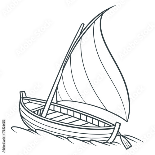 Vector art of monochrome illustration of a small wooden rowboat with a single sail, , gently gliding through calm waters, perfect for coloring book or nautical themed design
