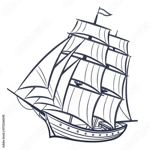 Vector art of majestic sailing ship, its sails billowing in the wind, a timeless symbol of exploration, adventure, and the enduring spirit of maritime history and nautical tradition