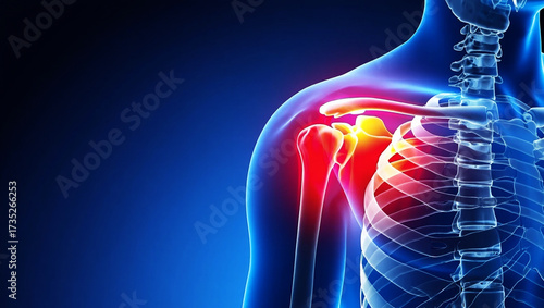 Human shoulder anatomy with glowing pain points joint bone