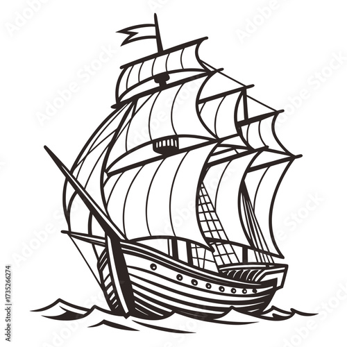 Wallpaper Mural Illustration of a sailing ship on the sea, a vintage vessel with sails, representing exploration, adventure, and maritime history in a simple black and white design Torontodigital.ca