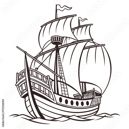 Vector art of detailed black and white illustration of a majestic galleon, showcasing its multiple masts, billowing sails, and intricate rigging, reminiscent of historical seafaring adventures