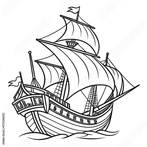 Vector art of detailed black and white illustration of a majestic sailing ship, showcasing its multiple masts, billowing sails, and intricate rigging, reminiscent of historical seafaring adventures