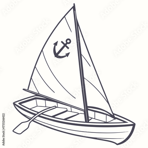 Illustration of a small sailboat, featuring a single mast, a triangular sail adorned with an anchor, and a small rowboat with an oar, evoking a sense of nautical adventure
