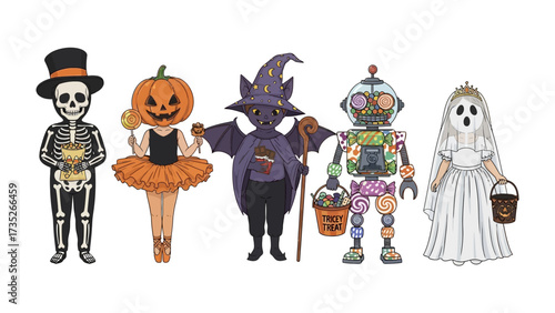 Halloween Costume Characters Parade: A vibrant illustration showcases a whimsical parade of children, each adorned in elaborate Halloween costumes, capturing the playful spirit of the spooky season.