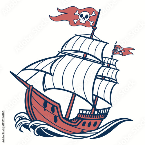 Vector art of a red pirate ship with white sails and a skull and crossbones flag, sailing on a the ship is sailing on the ocean with waves