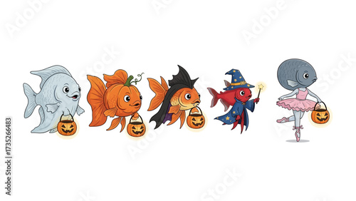 Happy Halloween Fish: An adorable line up of animated aquatic friends, playfully dressed in various Halloween costumes, eagerly holding trick-or-treat buckets, ready for a night of spooky fun. 