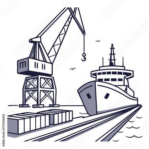 Illustration of a cargo ship docked at a port with a crane loading containers, the scene depicts maritime transport and logistics operations