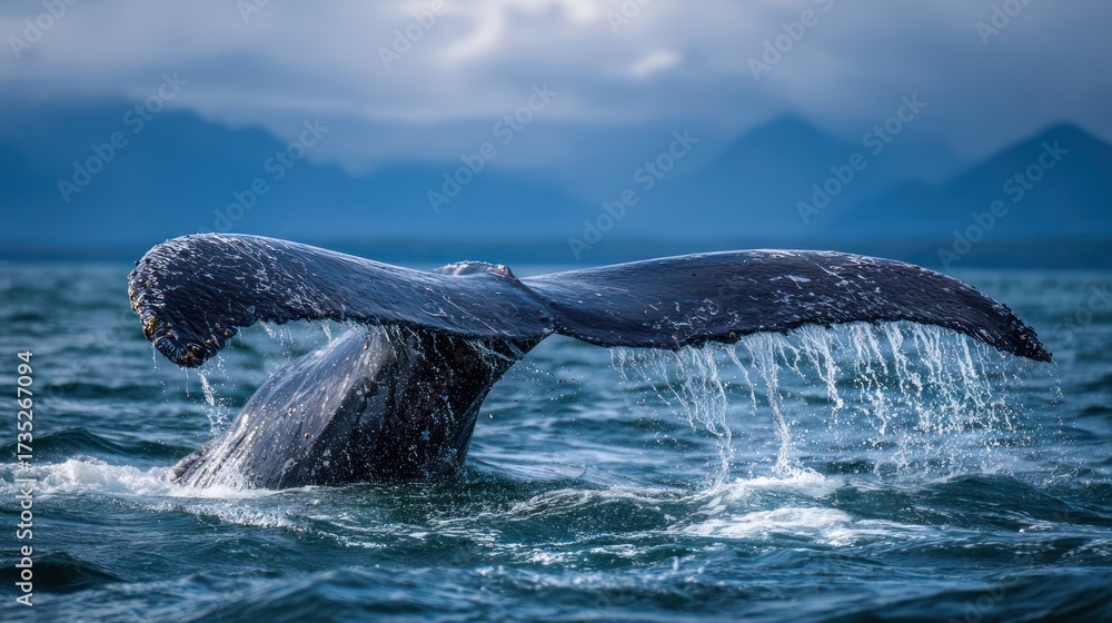 Fototapeta premium Majestic Whale Tail Emerging from Ocean Water under Cloudy Skies