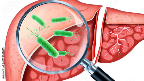 Magnified green bacteria within red organ tissue flagella
