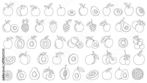 A large set of various fruit icons in a clean, black and white outline style, arranged in a grid pattern on a white background.