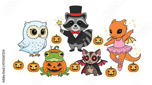 Whimsical Halloween Friends: A delightful ensemble of cartoonish creatures, adorned in Halloween costumes, radiating charm and festive spirit with vibrant pumpkins.