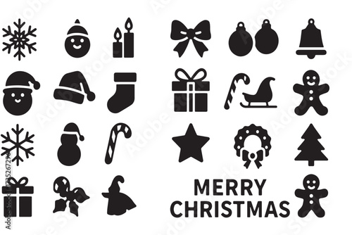 Christmas Icons Silhouette Vector Set, Flat Holiday Symbols Pack with Santa, Snowflakes, Gifts, Tree, Minimal Festive Illustration Collection