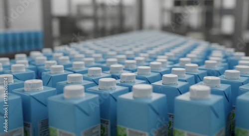 Numerous beverage cartons, each filled with a refreshing liquid, are neatly arranged on a production line, displaying a blue color scheme with white caps, showcasing a modern industrial setting for...