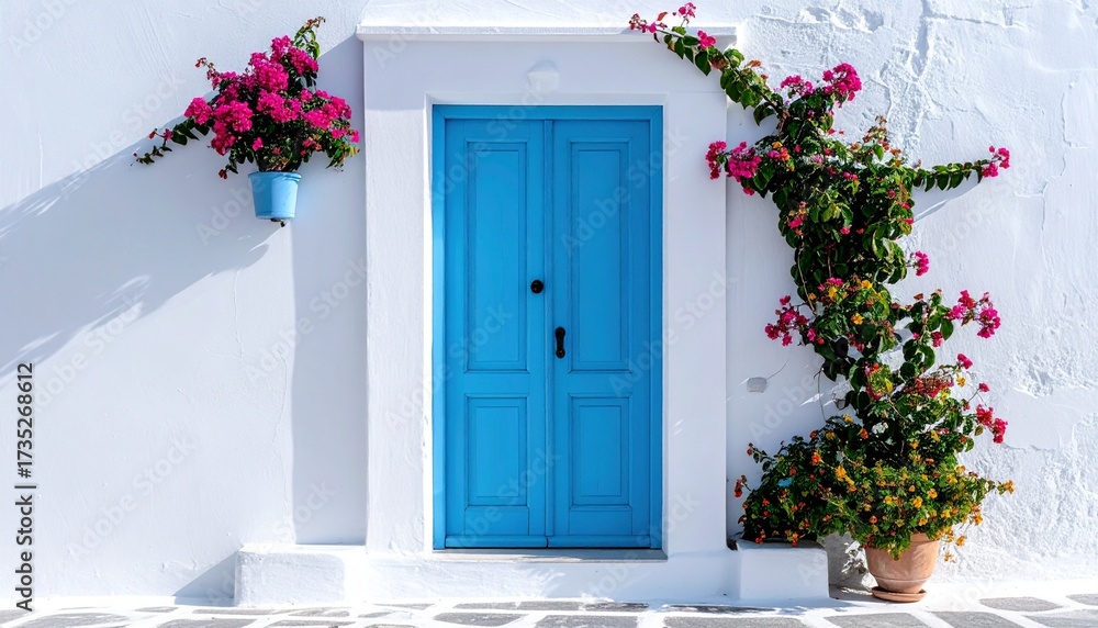 Fototapeta premium Charming Blue Door with Bougainvillea in Greece
