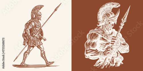 Antique illustration set of greek armed warriors with spears. Ancient Greece or Rome. Engraved style drawing.