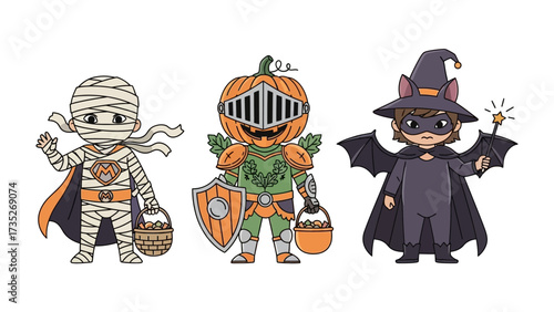 Halloween Costumes for Trick-or-Treat: Adorable cartoon figures, representing the spirit of Halloween, stand ready for a night of trick-or-treating in their playful and imaginative outfits.