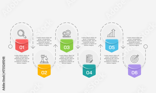 6 Steps Business Infographic Template for Workflow, Strategy Cycle, or Project Roadmap Presentation. Vector illustration.