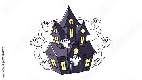 Spooky House with Friendly Ghosts: A cartoon illustration depicts a haunted house surrounded by cheerful ghosts, a perfect representation of Halloween fun and festive vibes.