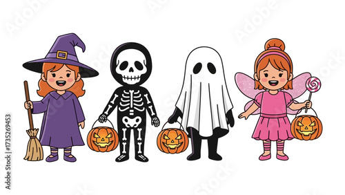 Halloween Characters Parade: A delightful quartet of costumed children – a witch, skeleton, ghost, and fairy – prepare for a night of playful Halloween trick-or-treating.