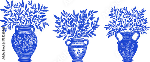 Blue sketchy set of olive branches in decorated vases. Vintage Mediterranean crayon stencil illustration.