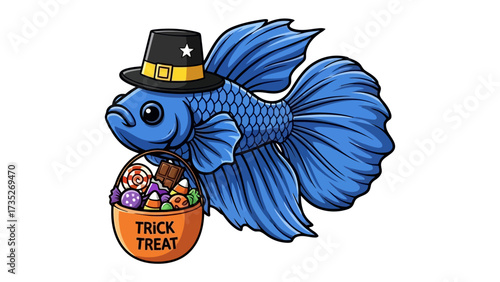 Halloween Betta: A whimsical, illustration showcasing a charming betta fish sporting a stylish hat and holding a trick-or-treat basket, all in the spirit of Halloween.