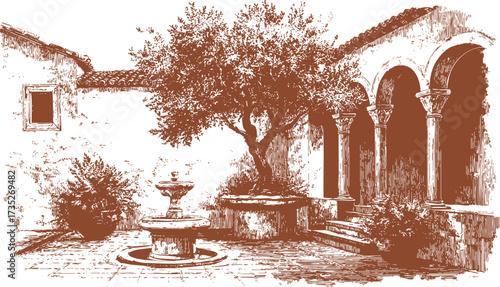 Sepia engraving of Mediterranean courtyard with olive tree and fountain. Vintage hand-drawn illustration.
