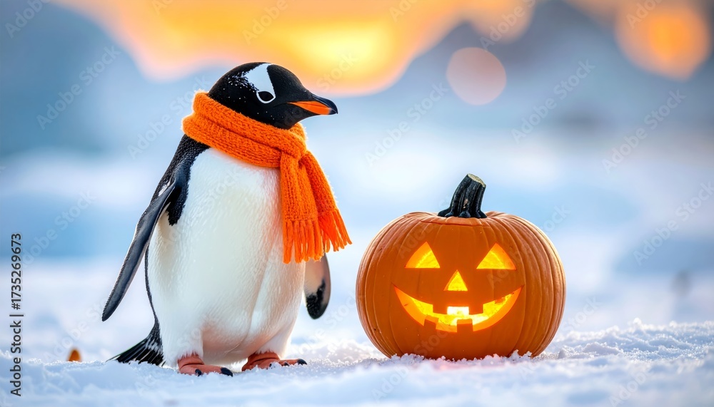 Obraz premium Penguin with Scarf and Jack-o'-Lantern at the North Pole