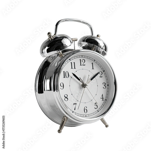 Polished, shiny silver alarm clock against a black background