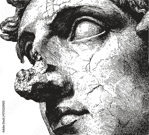 Engraved antique male bust with broken details. Vintage pencil line art draw illustration of classical sculpture.