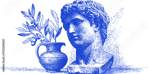 Stencil male Greek bust with olive branch in vase. Vintage pen drawing illustration in blue ink.