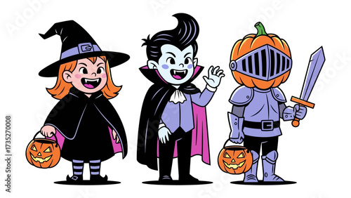 Halloween Character Trio: A whimsical illustration depicts three classic Halloween figures - a witch, a vampire, and a pumpkin-headed knight. Each character is ready for trick-or-treating.