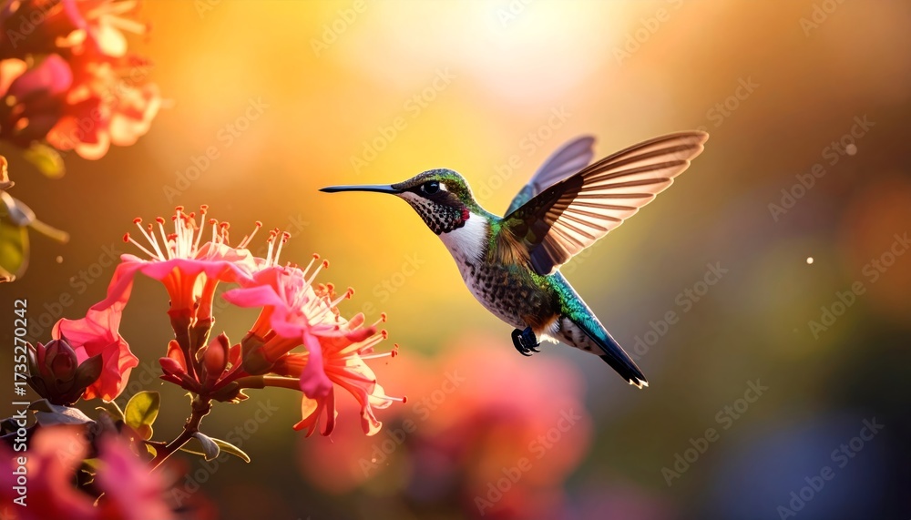 Fototapeta premium A ruby-throated hummingbird in flight, small avian wildlife feeding on a bright flower