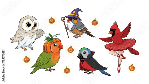 Halloween Birds Celebration: An adorable group of birds, each dressed in unique Halloween costumes, celebrating the spooky season with pumpkin decor and whimsical details.