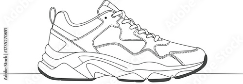 Sneaker technical sketch, chunky sole design, front side view, fashion footwear drawing, CAD vector illustration, product concept, shoe template