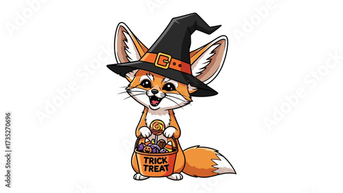 Foxy Halloween Cheer: An adorable cartoon fox adorned in a whimsical witch hat and holding a Trick or Treat basket, ready to share Halloween fun.