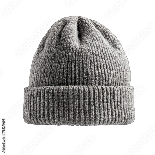 Gray knitted beanie hat with ribbing, on black