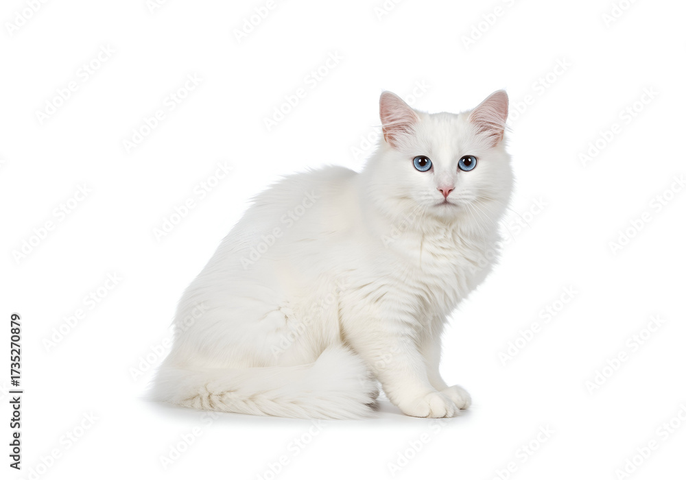 Fototapeta premium Elegant white Turkish Angora cat with striking blue eyes sitting gracefully against a clean white background, a serene and photogenic feline