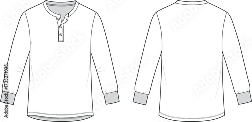Cad drawing flat vector illustration, long sleeve Henley shirt, fashion sketch, garment design, technical apparel template, clothing blueprint