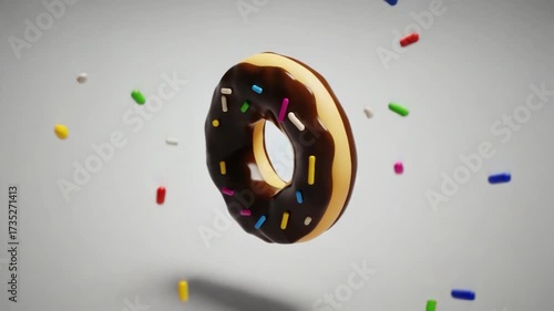 Wallpaper Mural A chocolate-glazed donut with colorful sprinkles, hovering in mid-air against a plain light gray background Torontodigital.ca