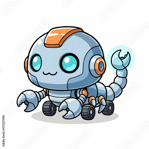 Friendly tiny robot with book in hand, smart cartoon character, educational vector design.
