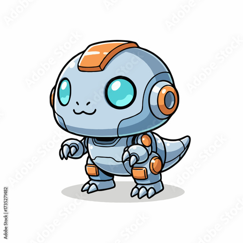 Playful mini robot with headphones, listening to music, cheerful cartoon vector.