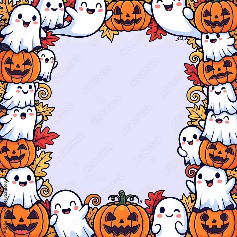 Fototapeta premium Festive Halloween border featuring cute cartoon ghosts jack o' lanterns and autumn leaves