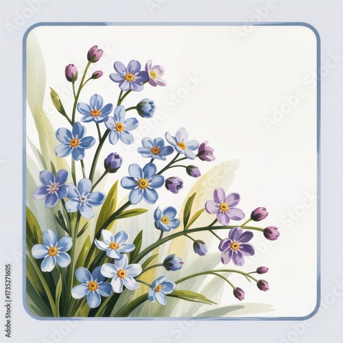 Watercolor Forget-Me-Not flowers forming a decorative corner border with soft blue and purple blossoms