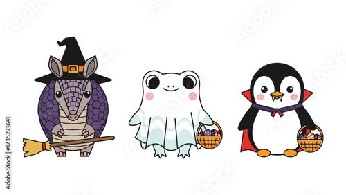 Halloween Trio of Characters: A whimsical assortment of Halloween characters, showcasing an armadillo in a witch's hat with a broom, a smiling ghost.