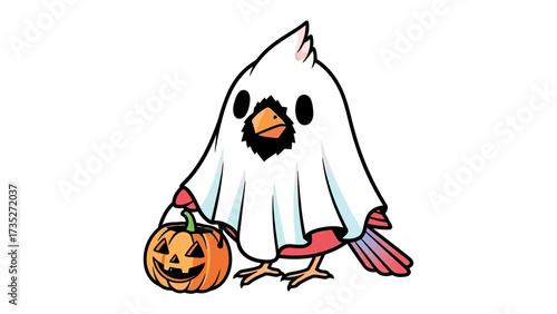A Bird in Halloween Dress: An adorable Halloween cardinal bird, adorned with a whimsical ghost costume, cheerfully carries a vibrant jack-o'-lantern