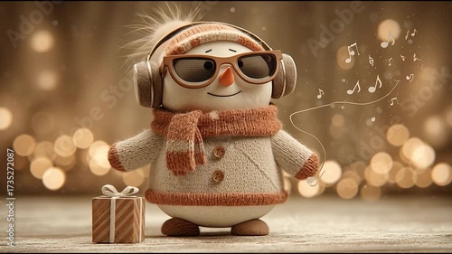 Festive Snowman Toy with Headphones and Gift – Holiday Animation Video