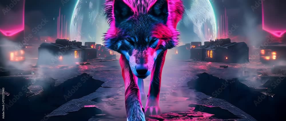 Un loup qui s'avance tête baisser avec la pleine lune en fond.