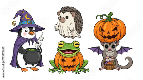 Magical Halloween Assemblage: A delightful assortment of charming Halloween characters in a lighthearted illustration perfect for spooky seasonal decorations.